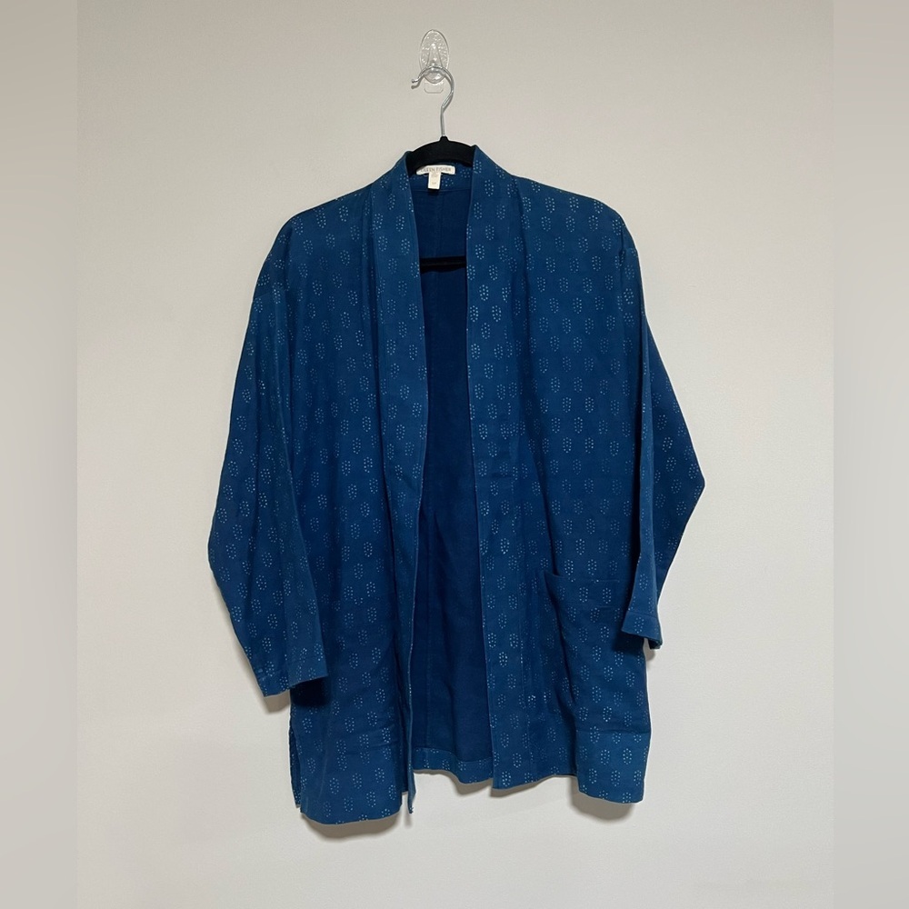 Eileen Fisher Blue Block Print Open Front Organic Cotton Kimono Jacket Small